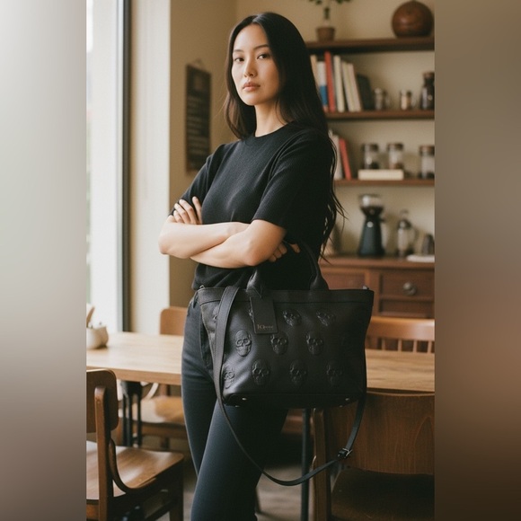 IO Pelle Italy Black Leather Skulls Tote Bag Large - Picture 8 of 9